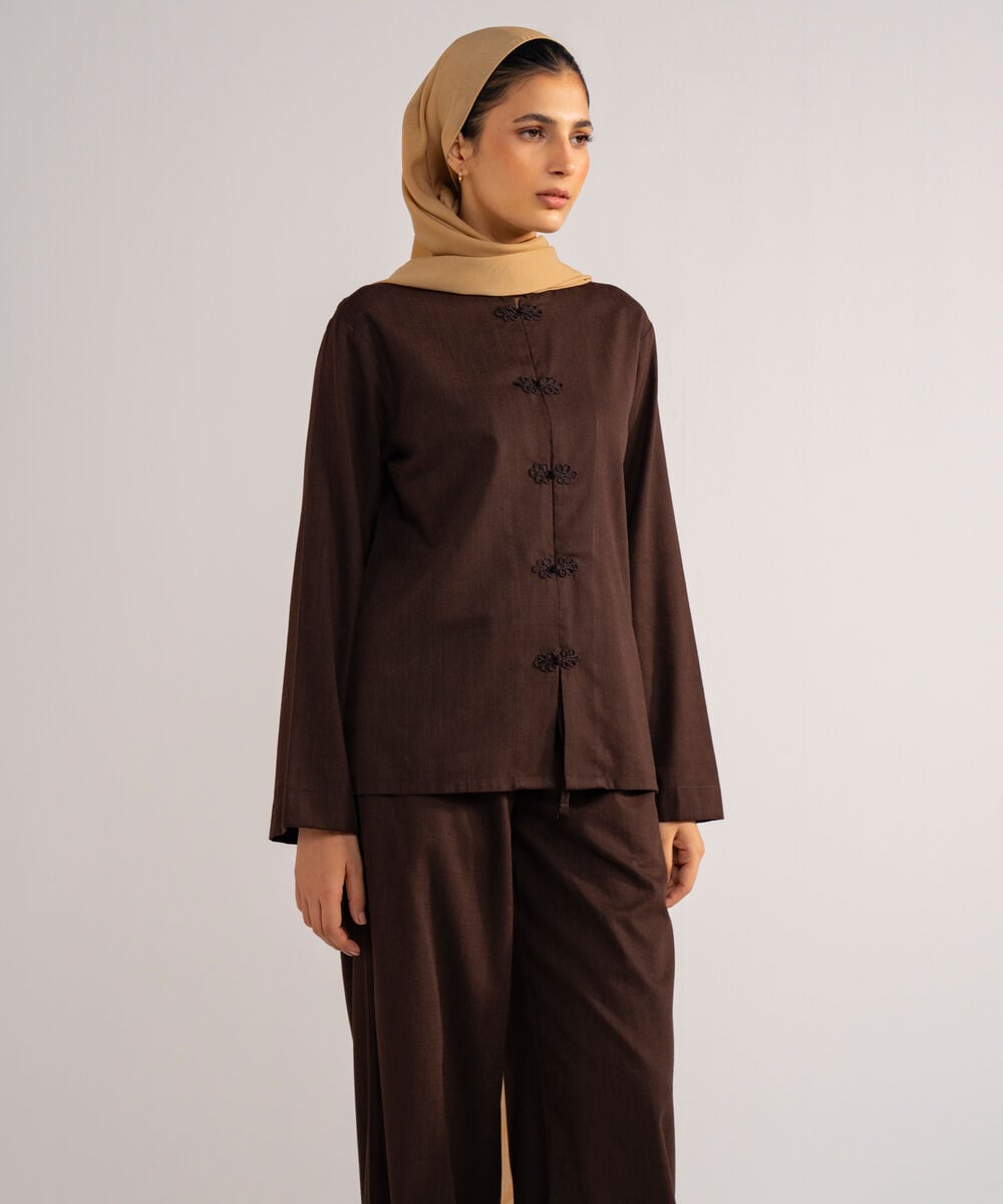 Women's Brown Mandarin Top