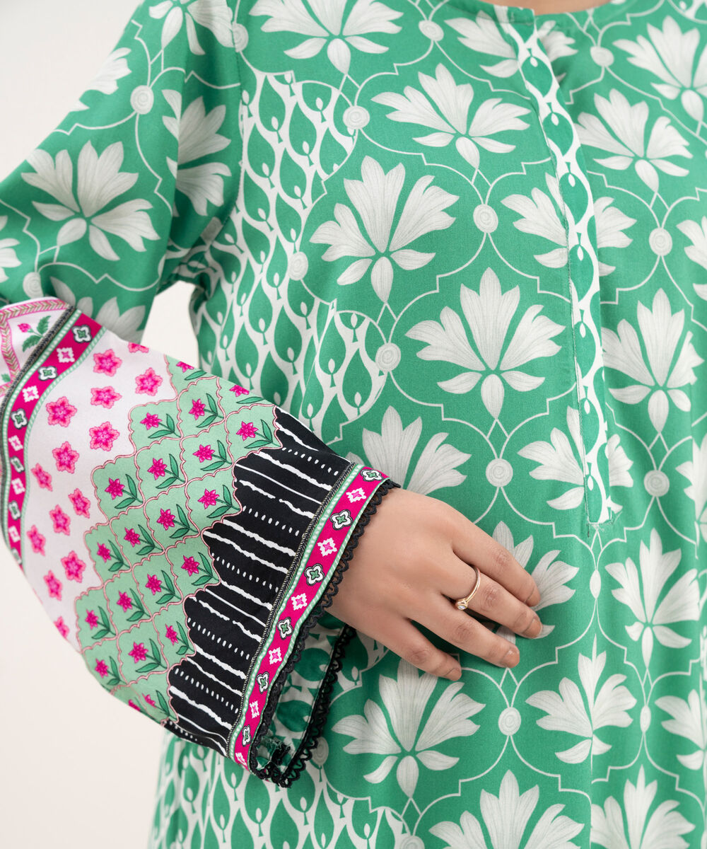 Women's RTW Viscose Linen Printed Straight Green Shirt