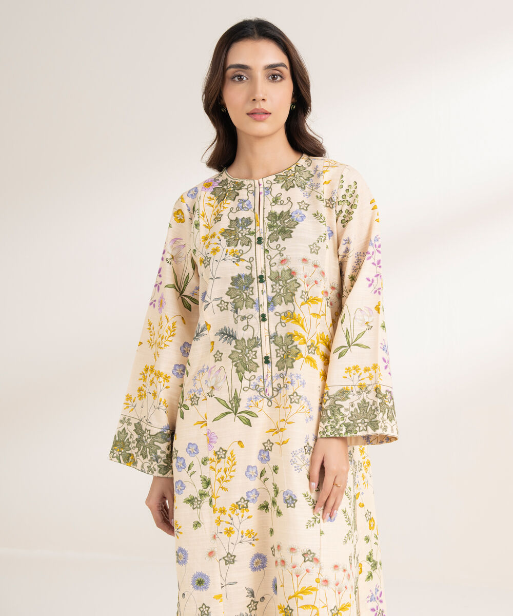Women's RTW Khaddar Embroidered A-Line Pale Yellow Shirt