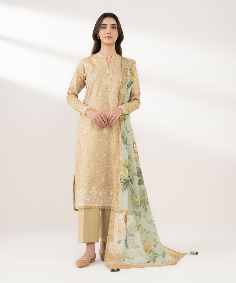 Women's Unstitched Zari Lawn Embroidered Beige 3 Piece Suit