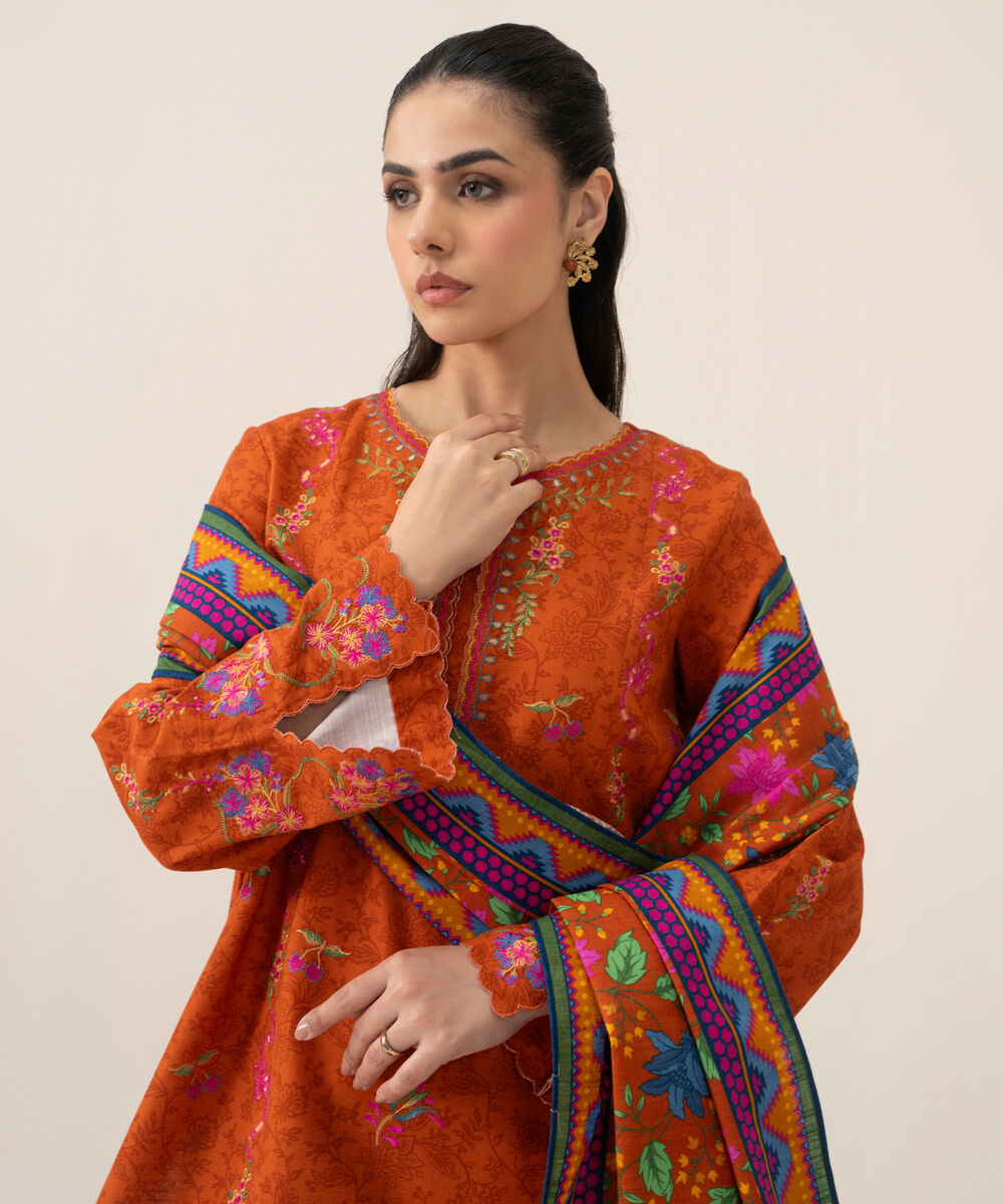 Women's Unstitched Premium Khaddar Embroidered Burnt Orange 3 Piece Suit