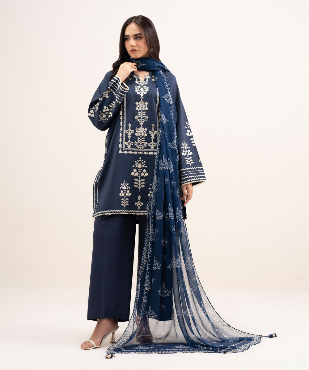 Women's Unstitched Lawn Embroidered Blue 3 Piece Suit