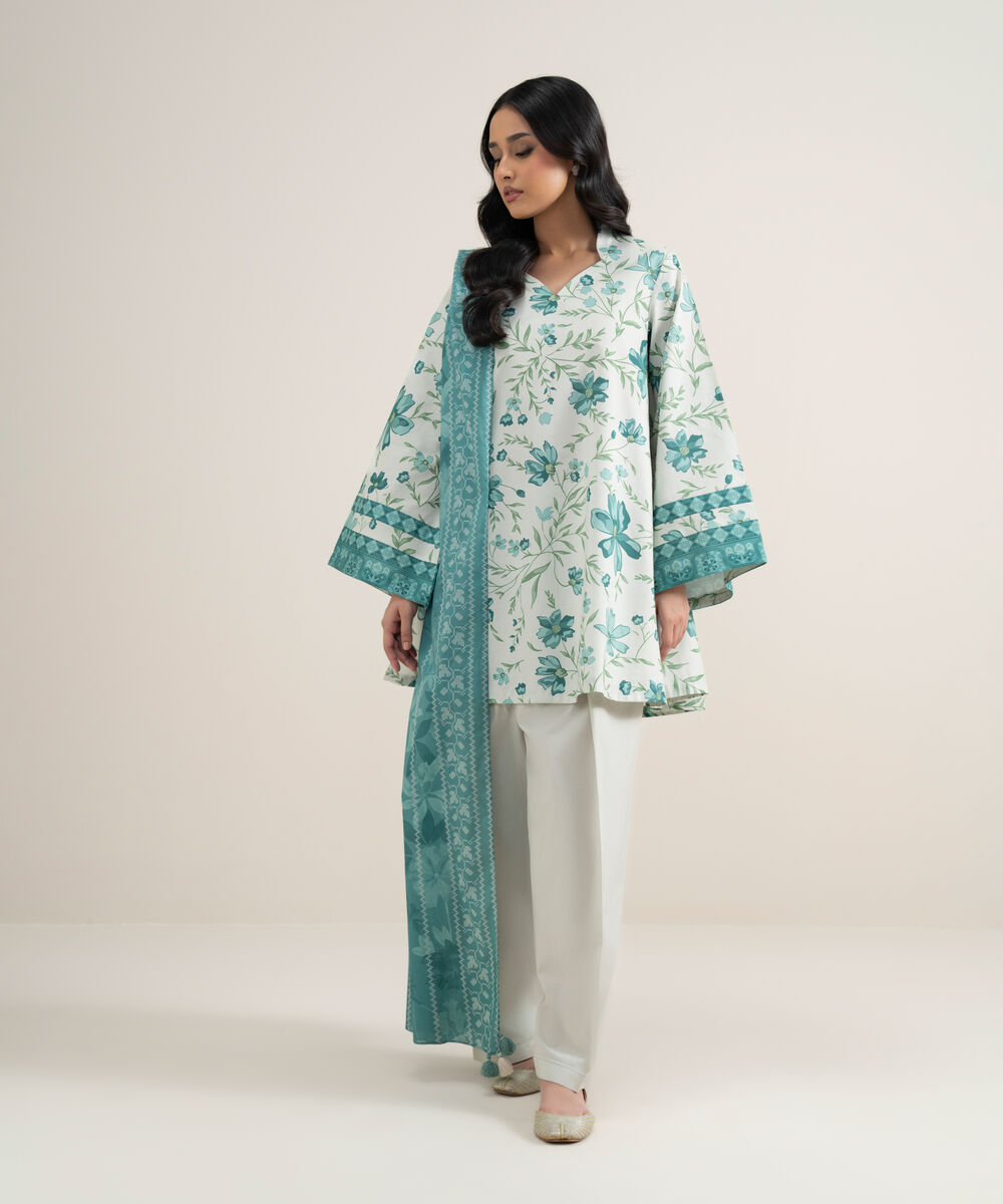 Women's Unstitched Lawn Printed Off White 2 Piece Suit