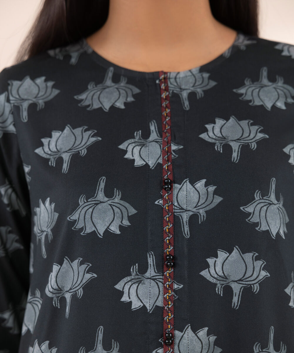 Women's RTW Arabic Lawn Black Printed A-Line Shirt