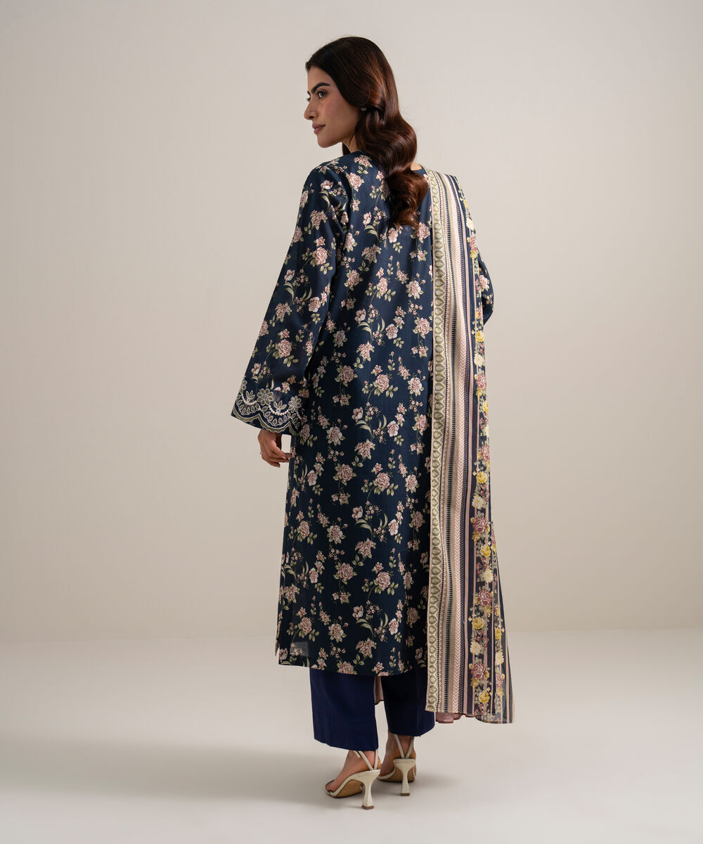 Women's Unstitched Lawn Embroidered Blue 3 Piece Suit