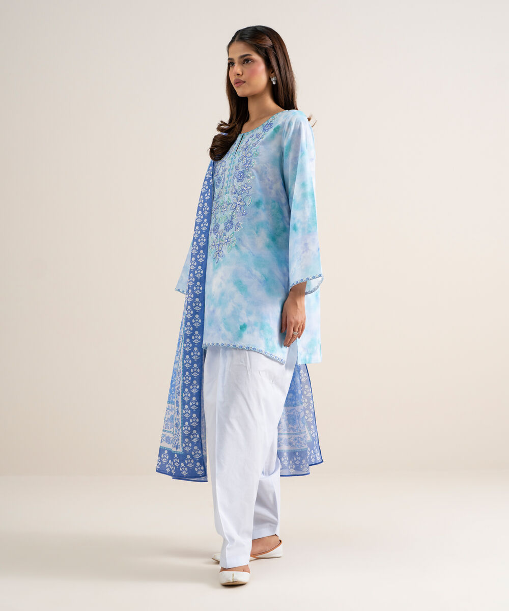 Women's Unstitched Lawn Embroidered Blue 3 Piece Suit