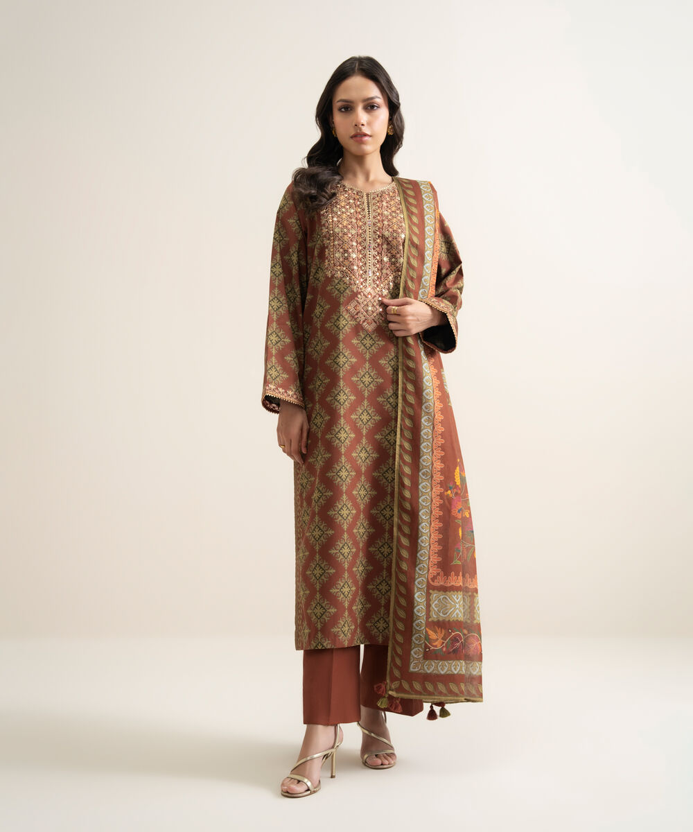 Women's Unstitched Lawn Embroidered Rust 3 Piece Suit