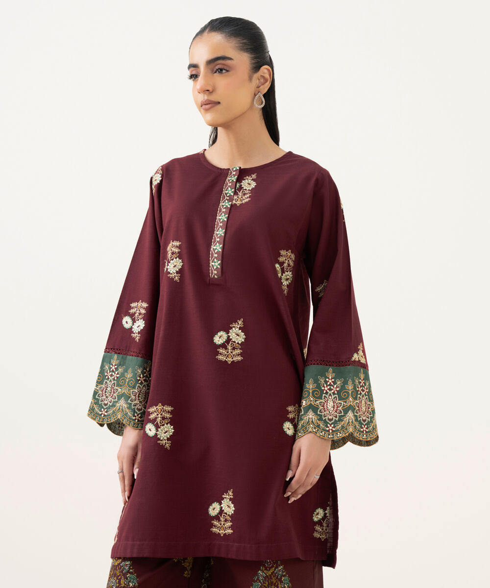 Women's RTW Light Khaddar Red Embroidered Straight Shirt