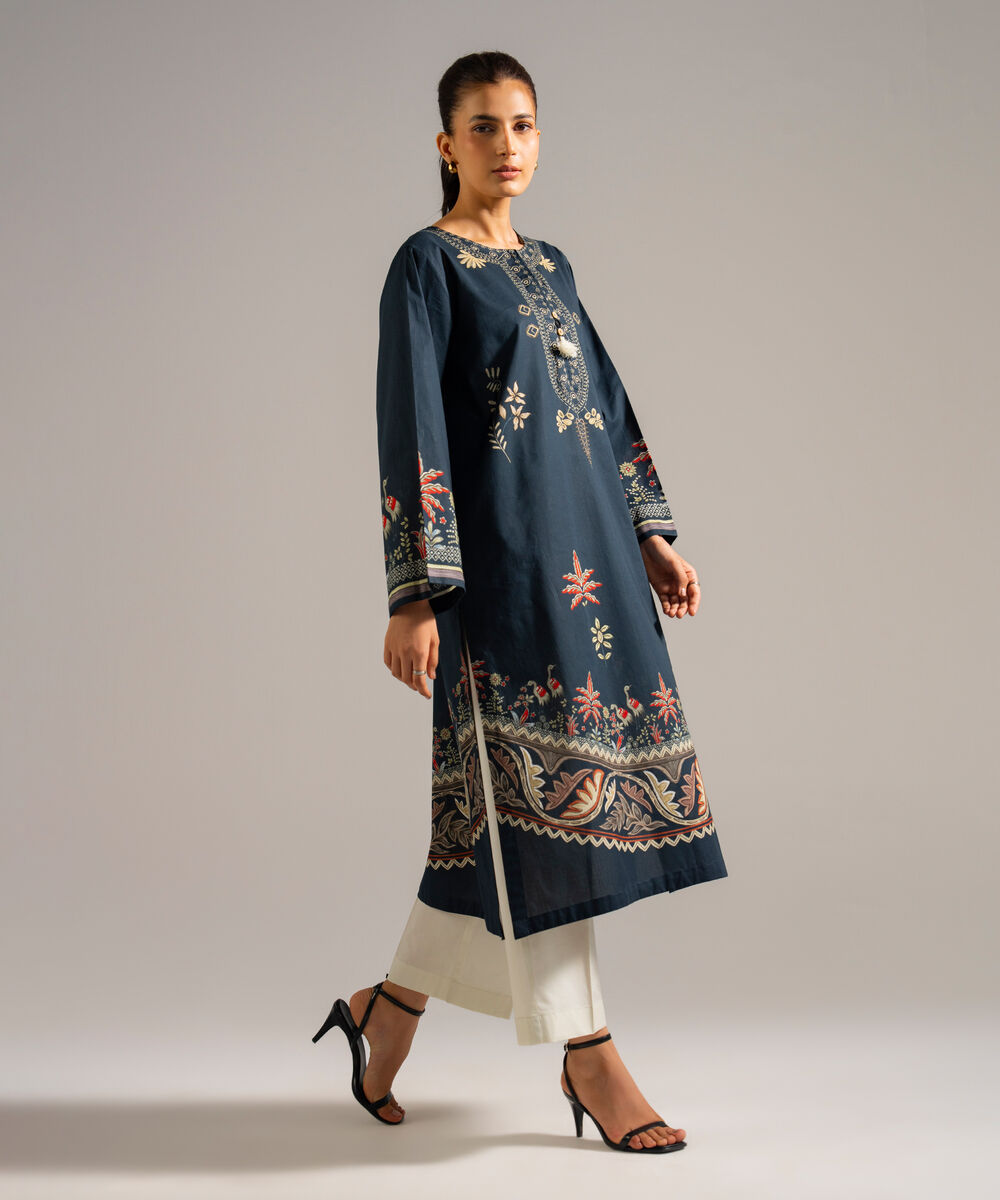 Women's RTW Lawn Printed Blue Straight Shirt