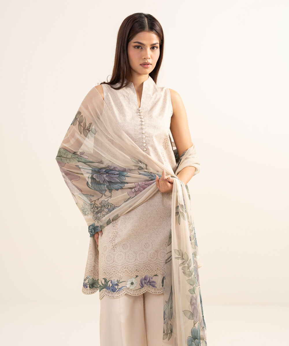 Women's Unstitched Lawn Printed Beige 3 Piece Suit