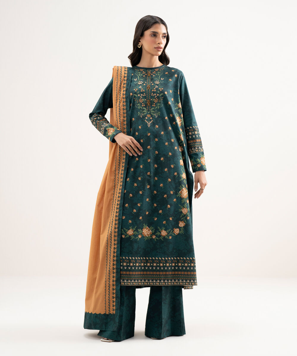 Women's Unstitched Lawn Embroidered Green 3 Piece Suit