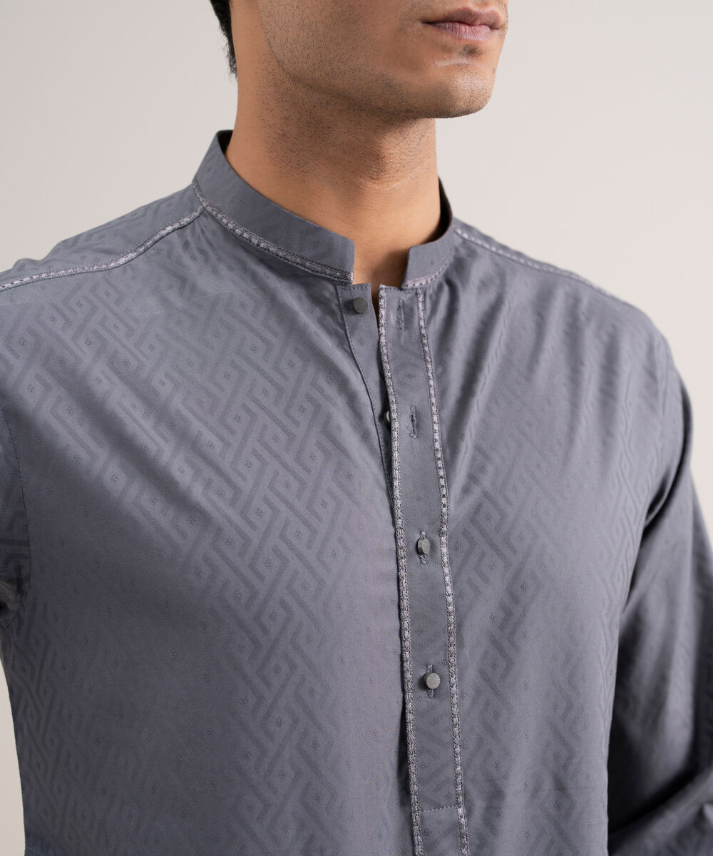 Men's Stitched Cotton Jacquard Grey Kurta
