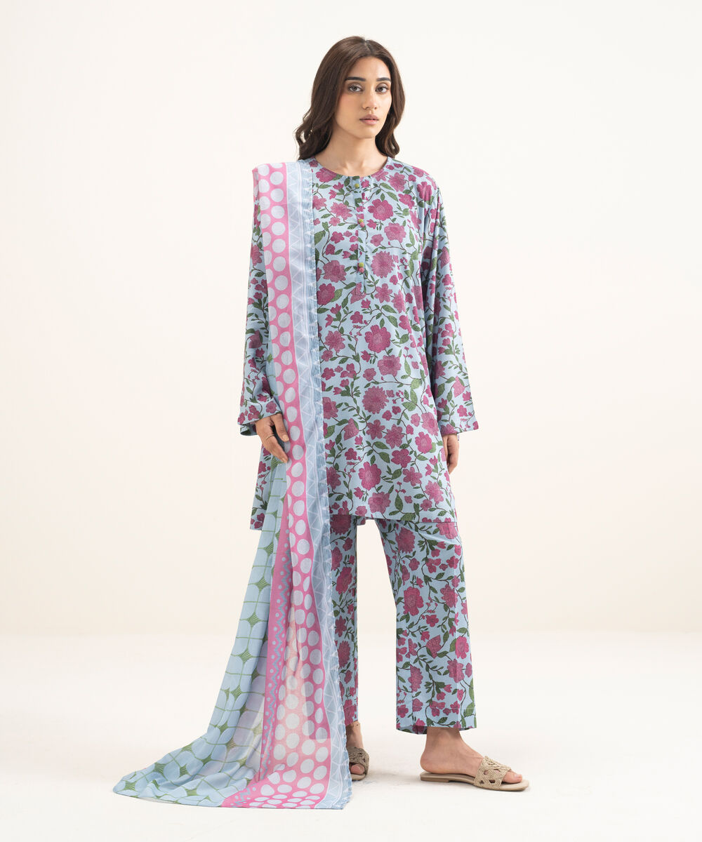 Women's RTW Arabic Lawn Printed Blue Drop Shoulder Shirt