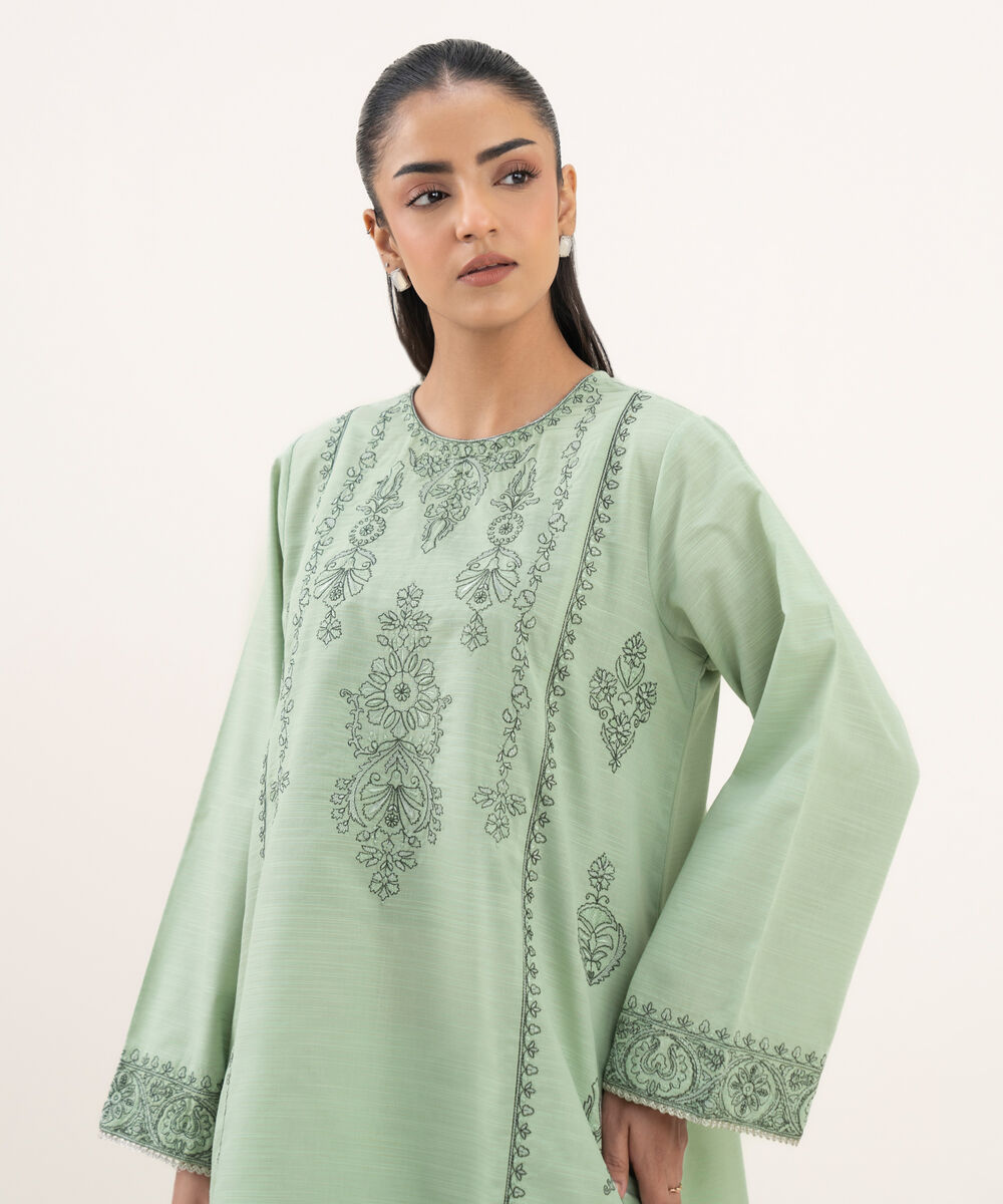 Women's RTW Zari Cotton Embroidered Straight Ice Blue Shirt