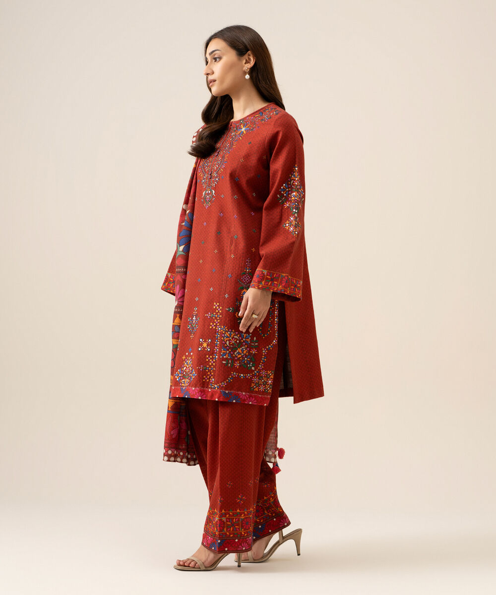Women's Unstitched Light Khaddar Embroidered Red 3 Piece Suit