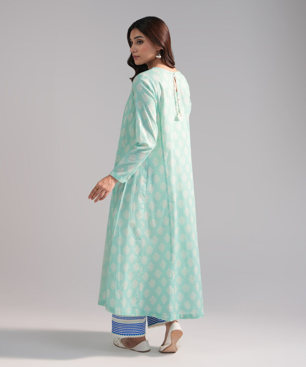 Women's RTW Crosshatch Printed Turquoise A-Line Shirt