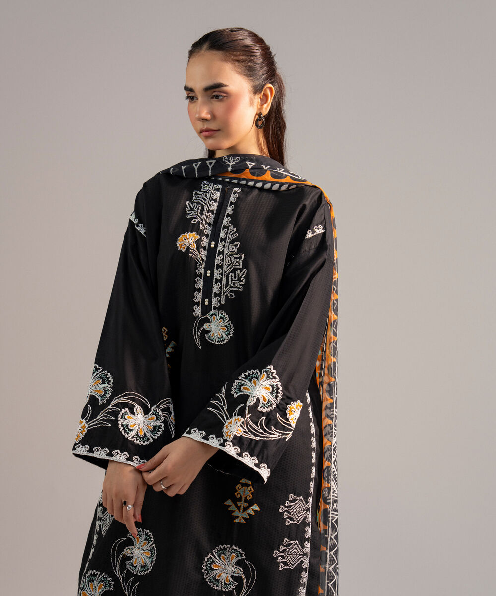 Women's RTW Dobby Embroidered Black 3 Piece Suit