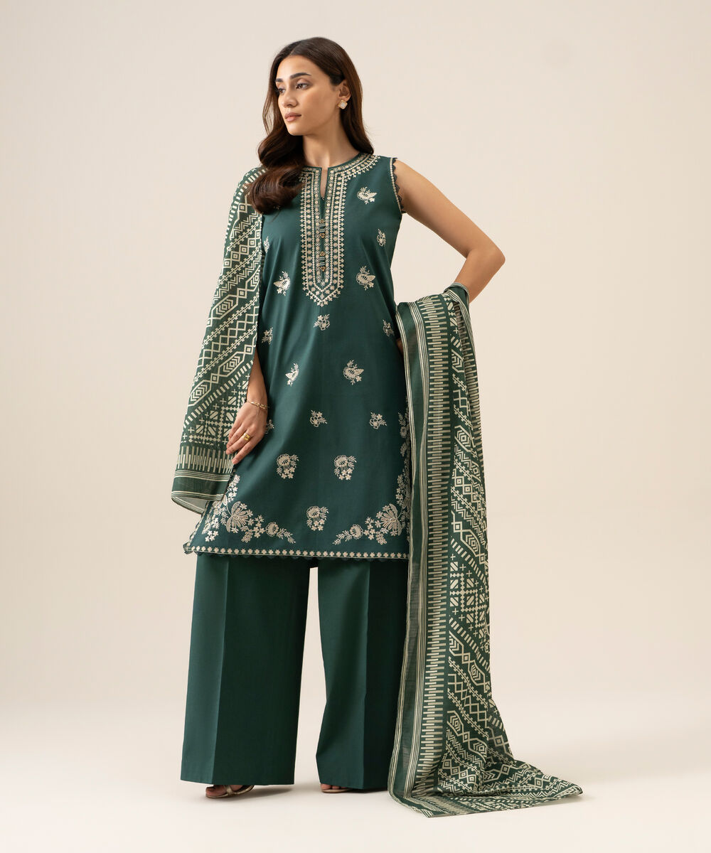 Women's Unstitched Lawn Embroidered Green 3 Piece Suit