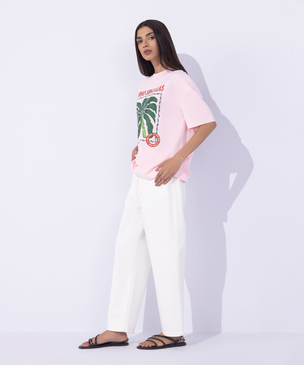 Women's Western Wear Pink Loose Fit Graphic T-Shirt