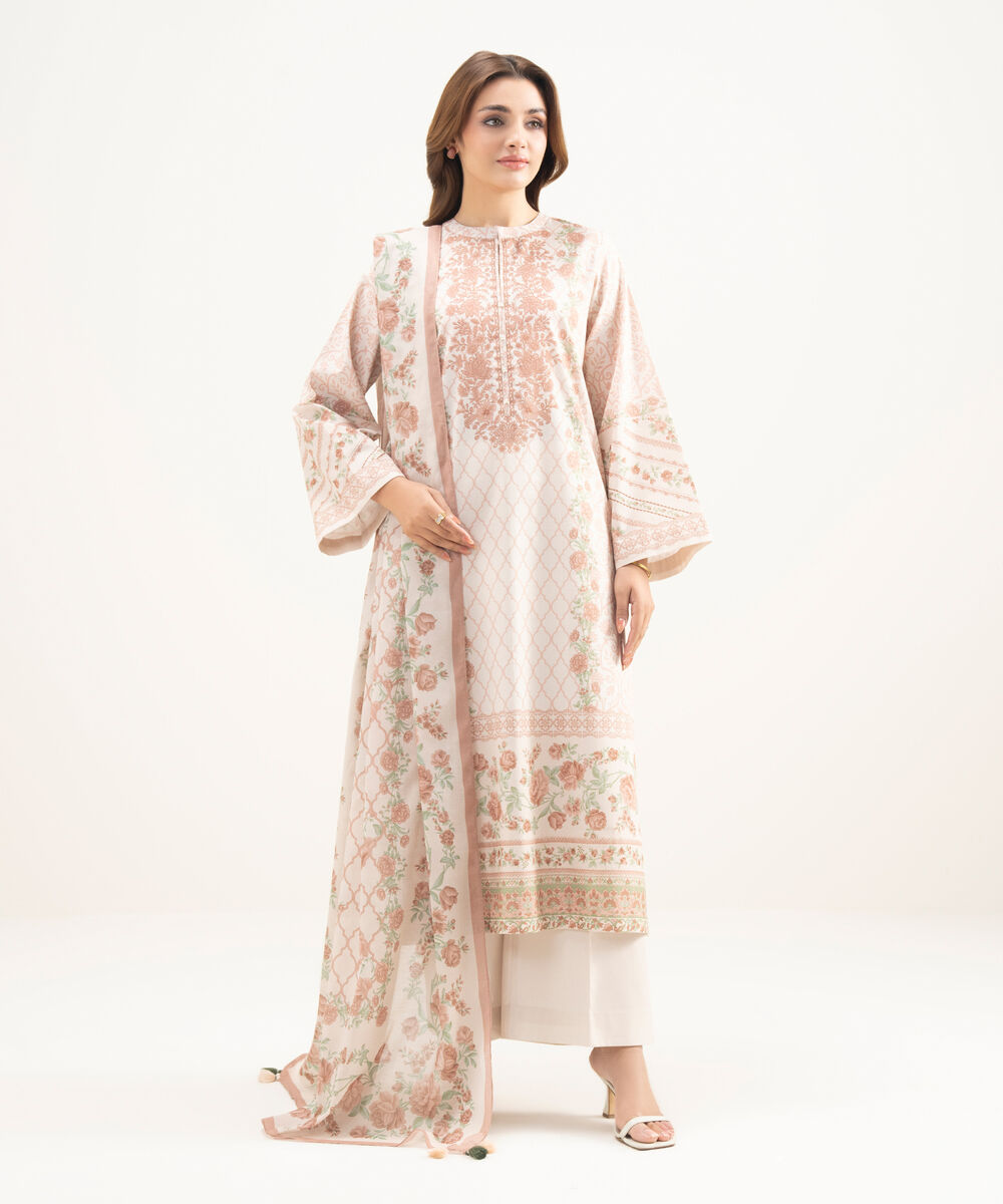 Women's Unstitched Lawn Printed Pink 3 Piece Suit