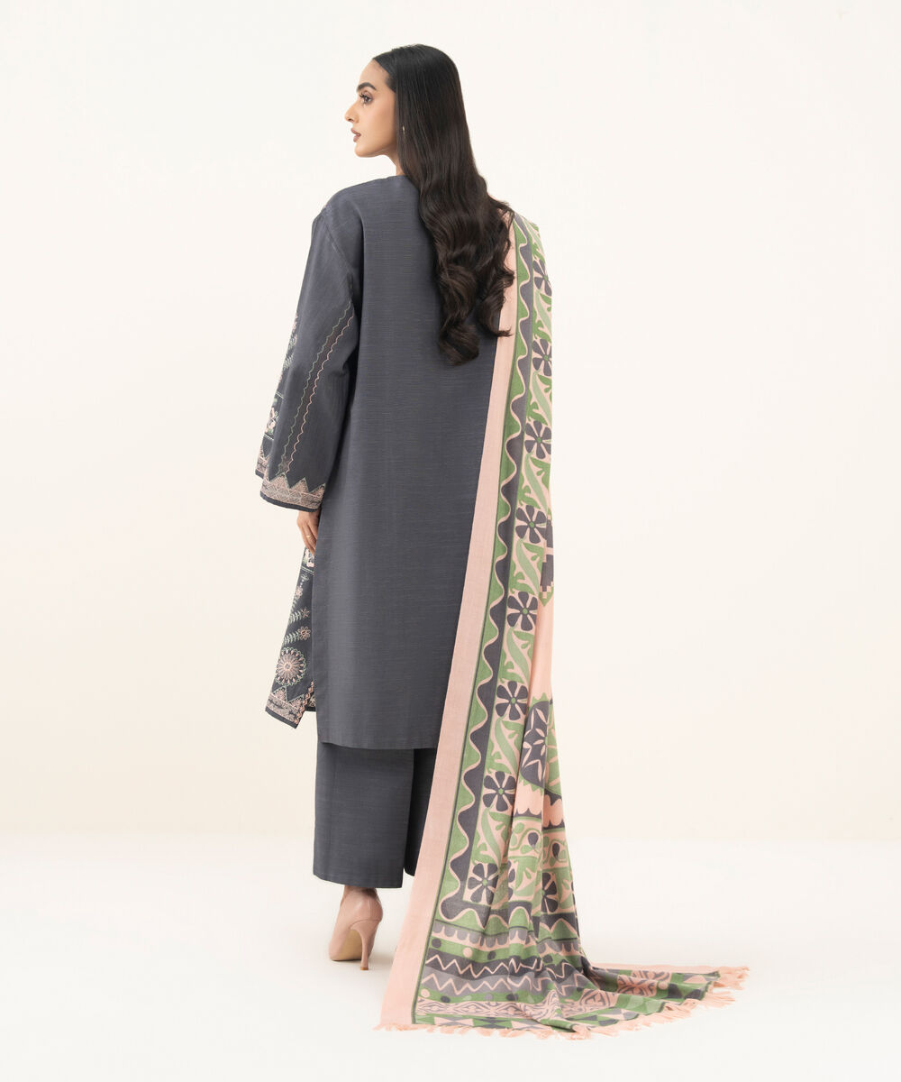 Women's Unstitched Embroidered Zari Khaddar Grey 3 Piece Suit