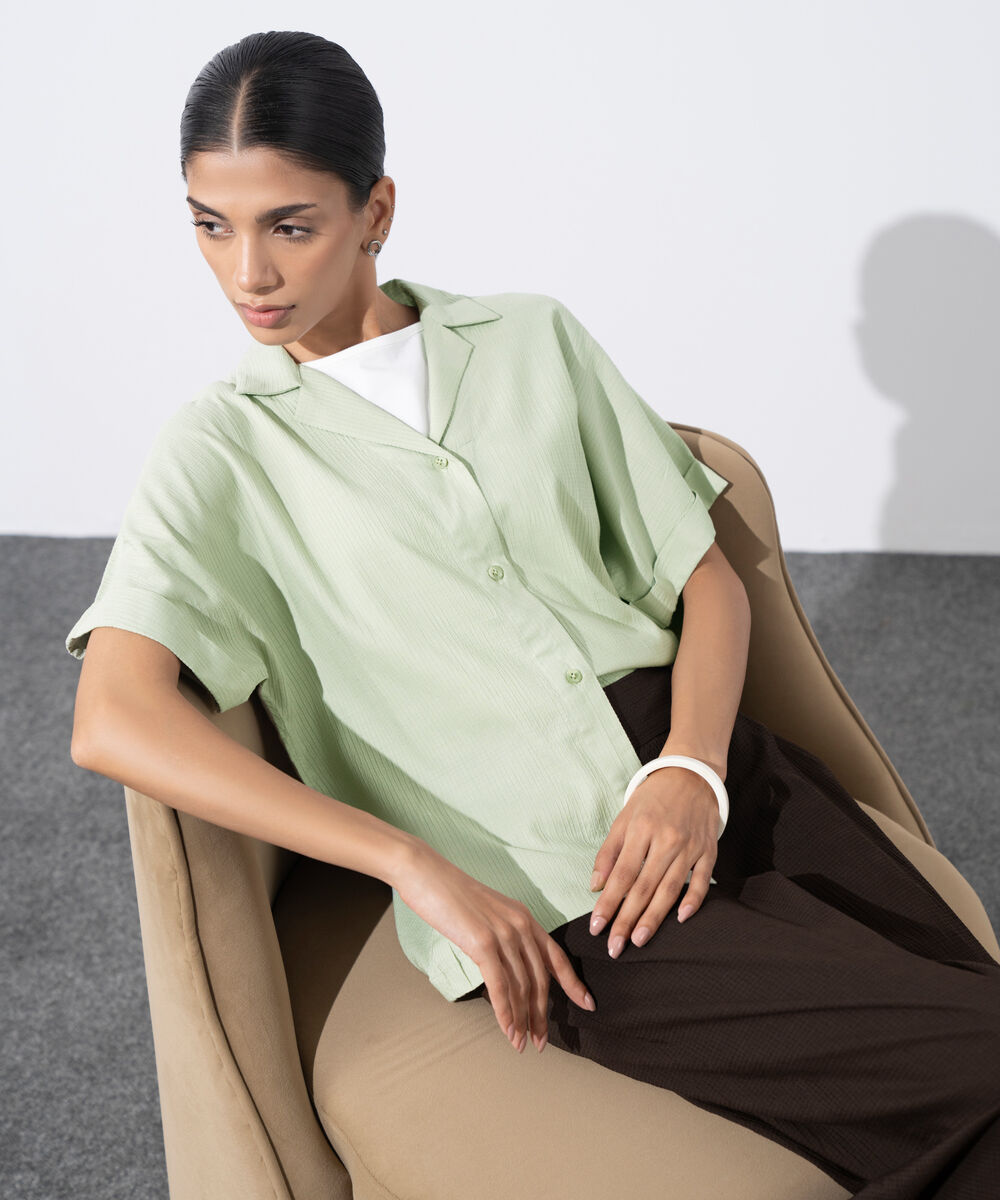 Women's Western Wear Green Regular Fit Seersucker Shirt