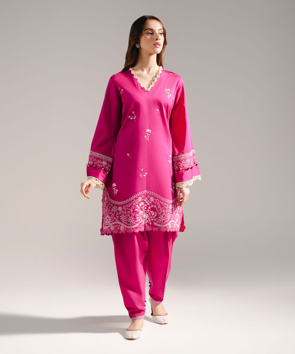Women's RTW Cotton Satin Embroidered Straight Pink Shirt