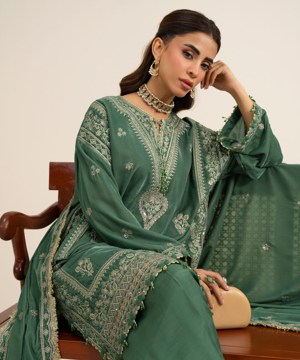 Women's Unstitched Velvet Embroidered Green 3 Piece Suit