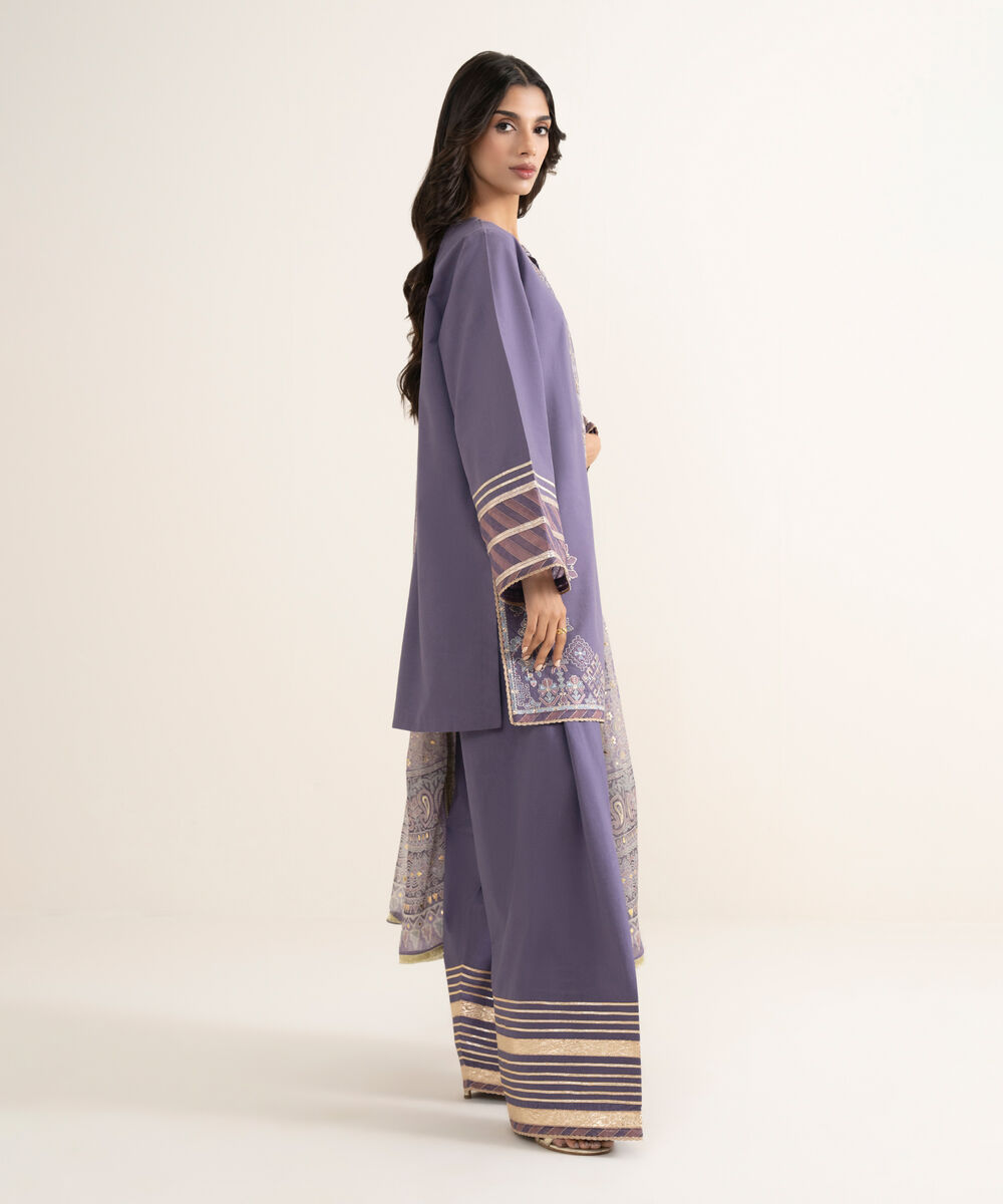 Women's Unstitched Textured Lawn Embroidered Purple 3 Piece Suit