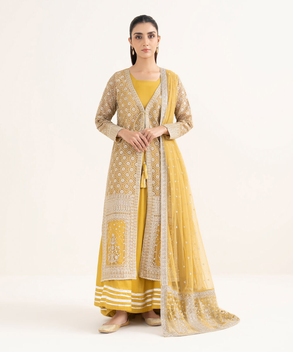 Women's RTW Blended Organza Embroidered Yellow 2 Piece Suit