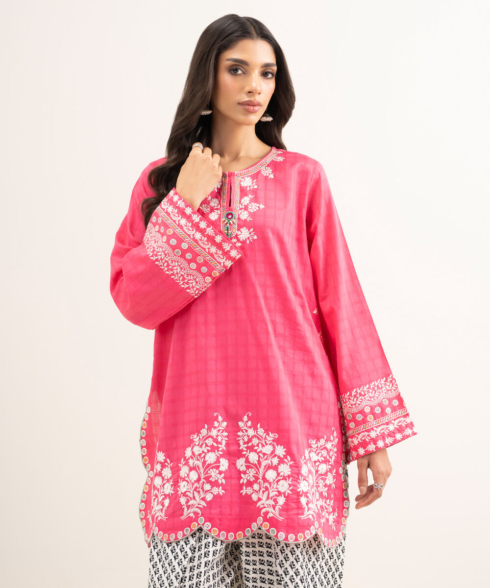 Women's RTW Dobby Embroidered Pink Straight Shirt