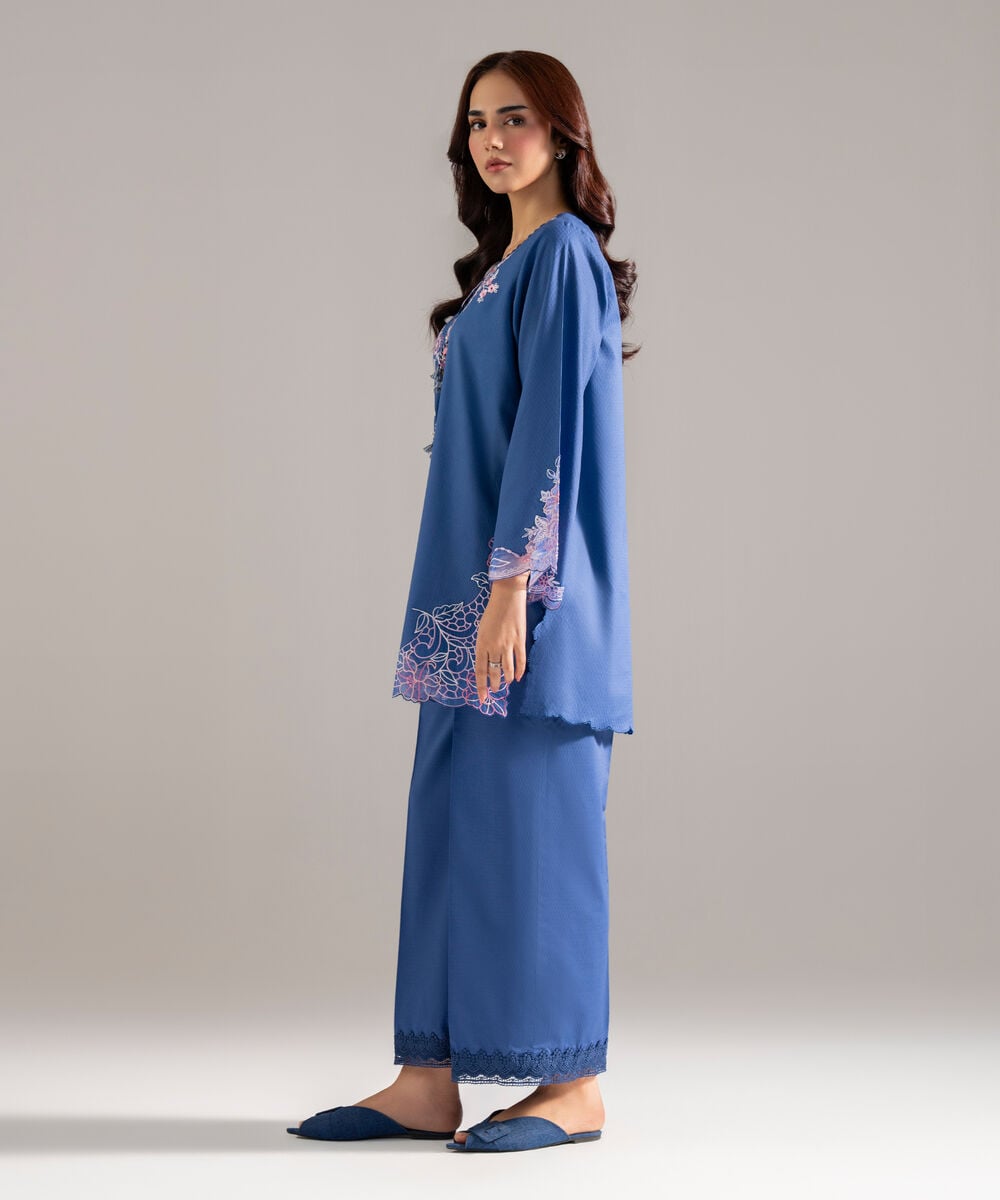 Women's RTW Dobby Solid Embroidered Blue Straight Shirt