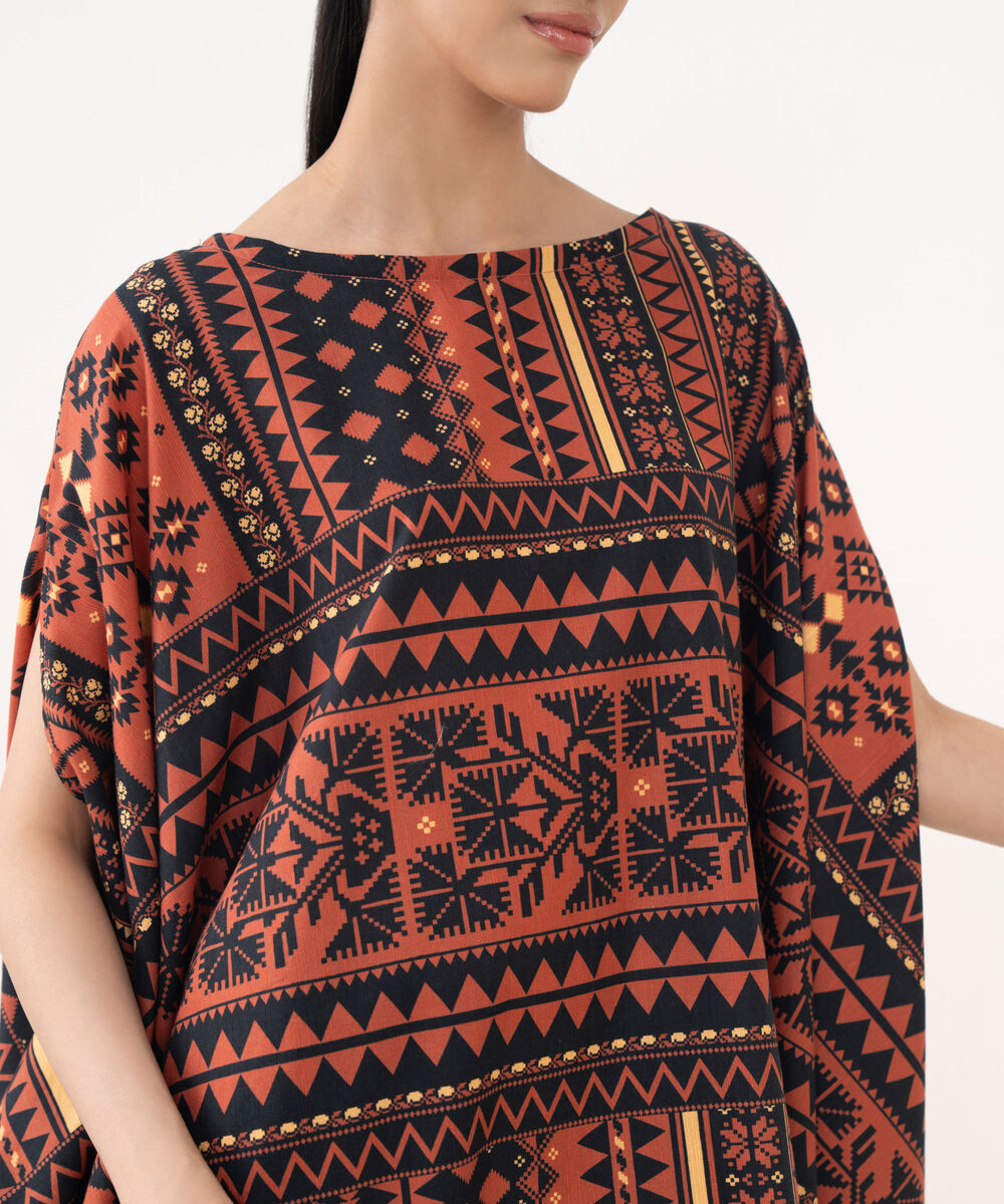 Women's RTW Light Khaddar Rust Printed Kaftaan