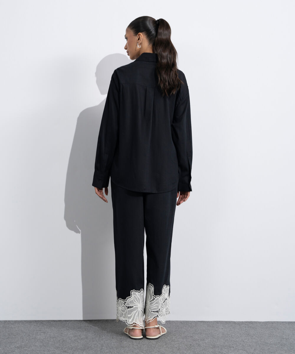 Women's Western Black Straight-Fit Embroidered Trouser