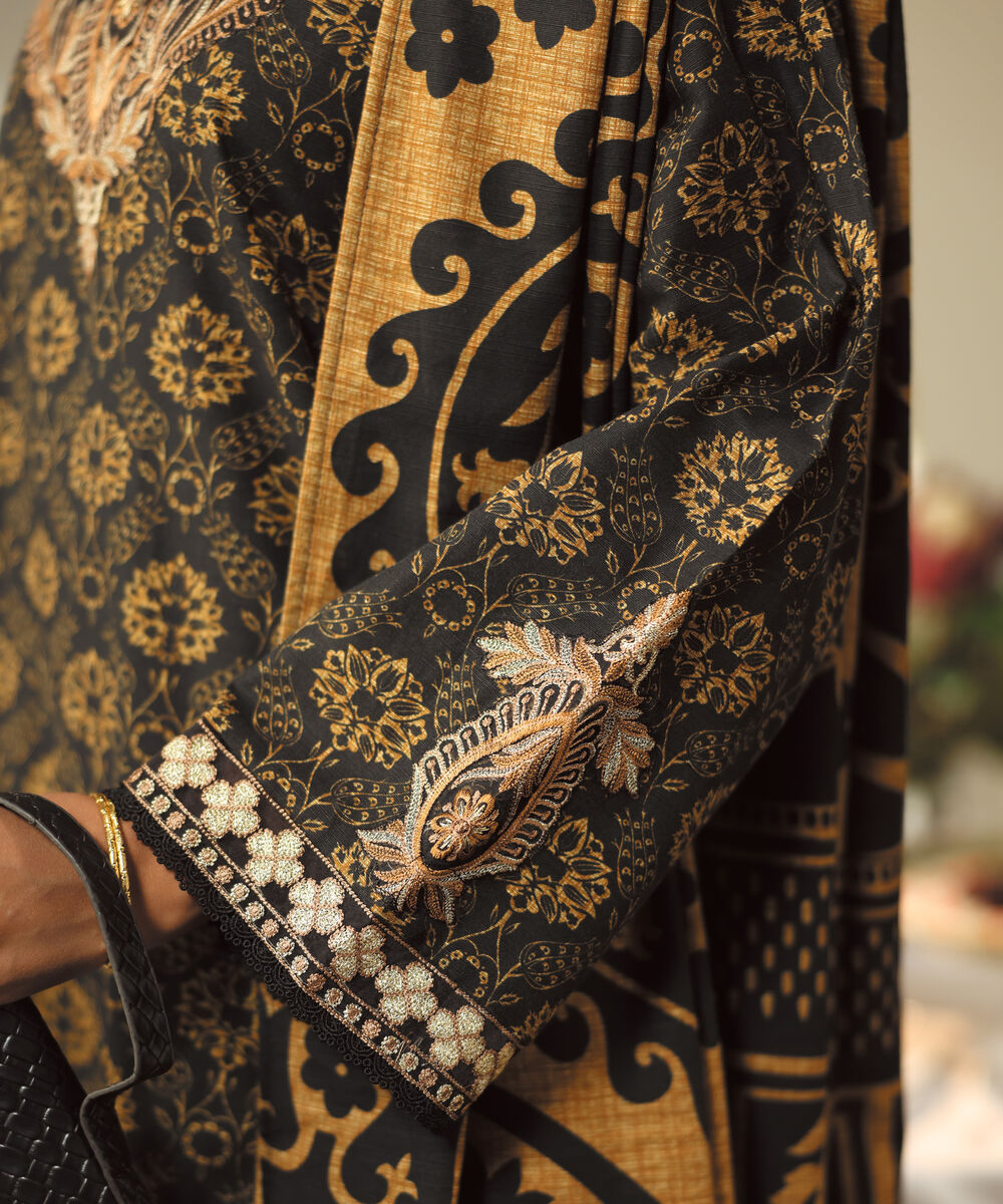 Women's RTW Khaddar Embroidered Black A-Line Shirt