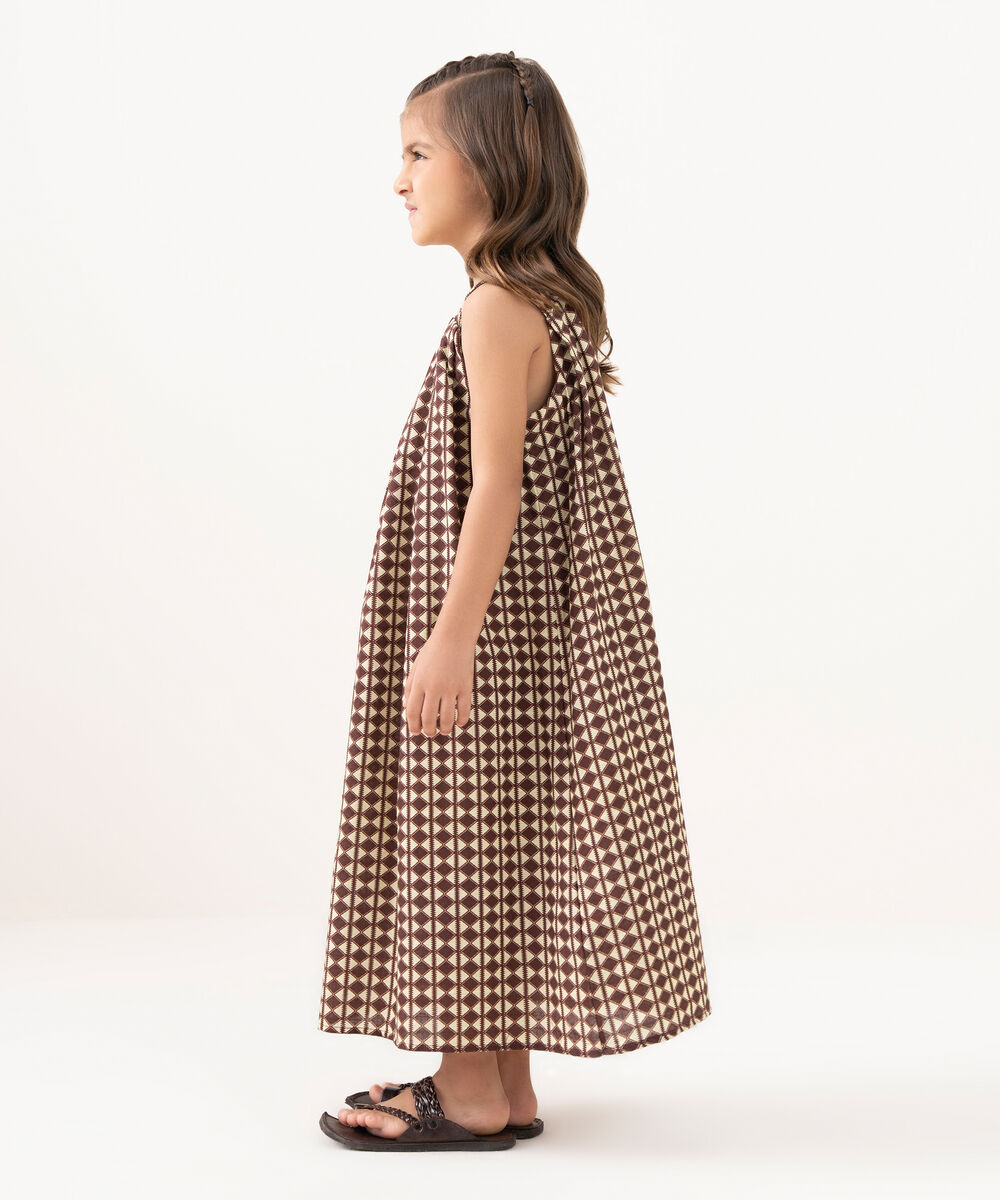 Girl's Light Khaddar Printed Brown A-Line Shirt
