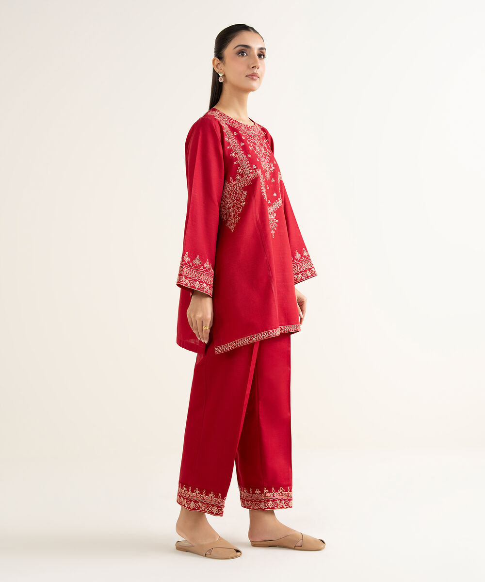 Women's RTW Khaddar Embroidered Red Straight Shirt