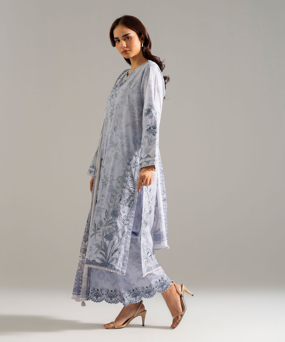 Women's RTW Lawn Embroidered Blue 3 Piece Suit