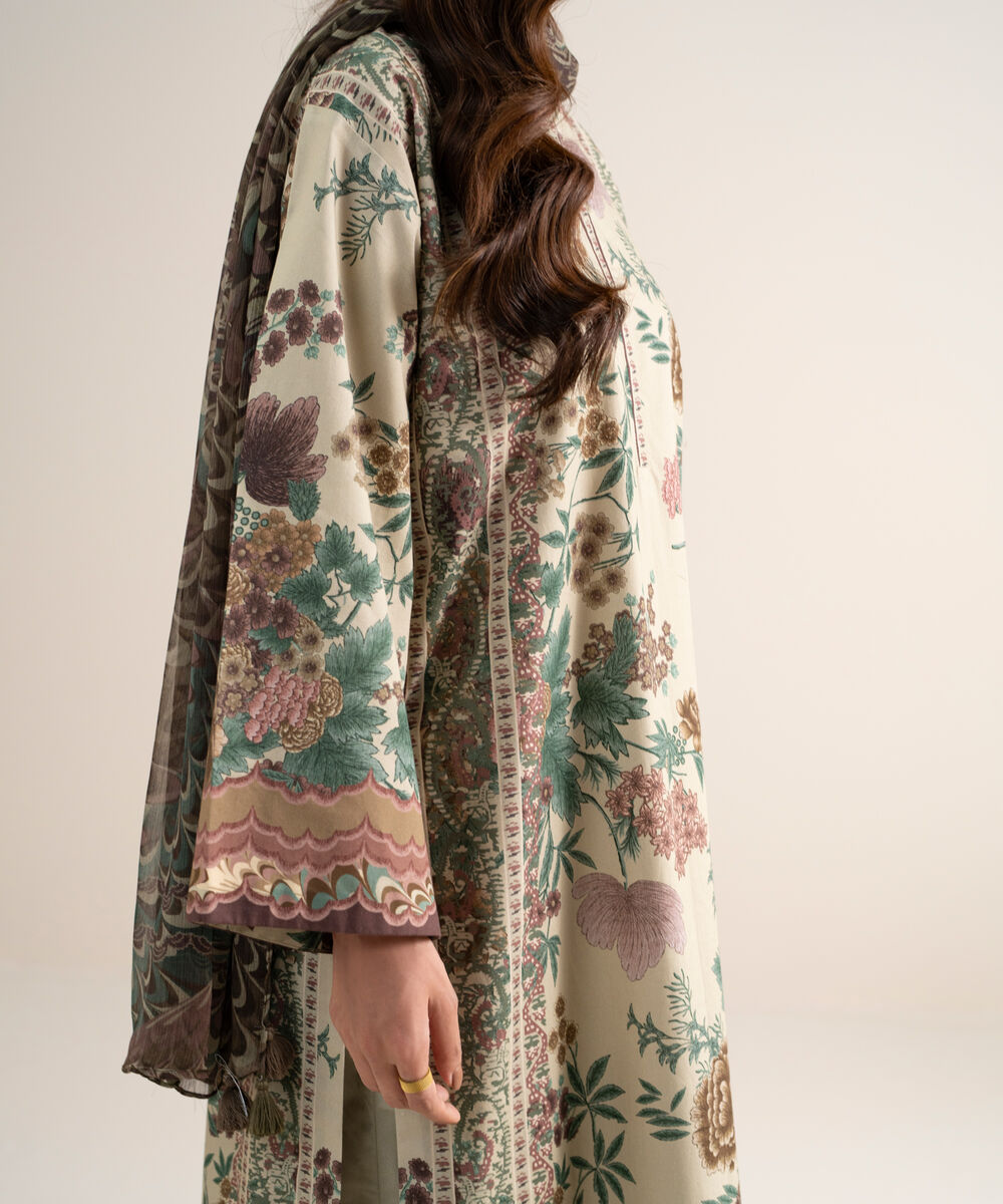 Women's Unstitched Cotton Printed Light Beige  3 Piece Suit