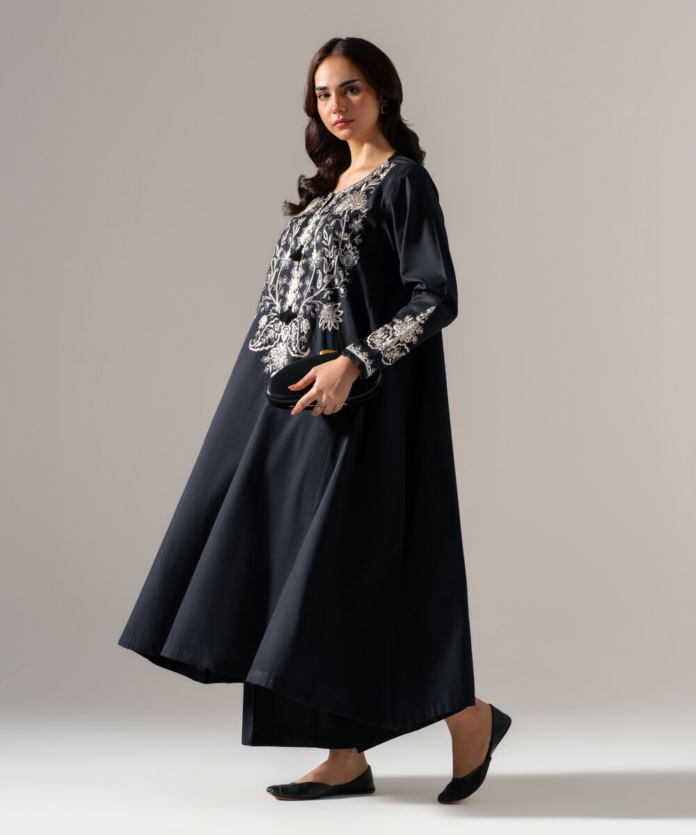 Women's RTW Dobby Solid Embroidered Black Flared A-Line
