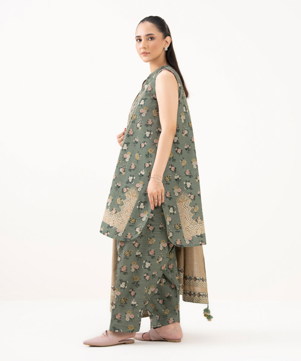 Women's Unstitched Khaddar Printed Green 3 Piece Suit