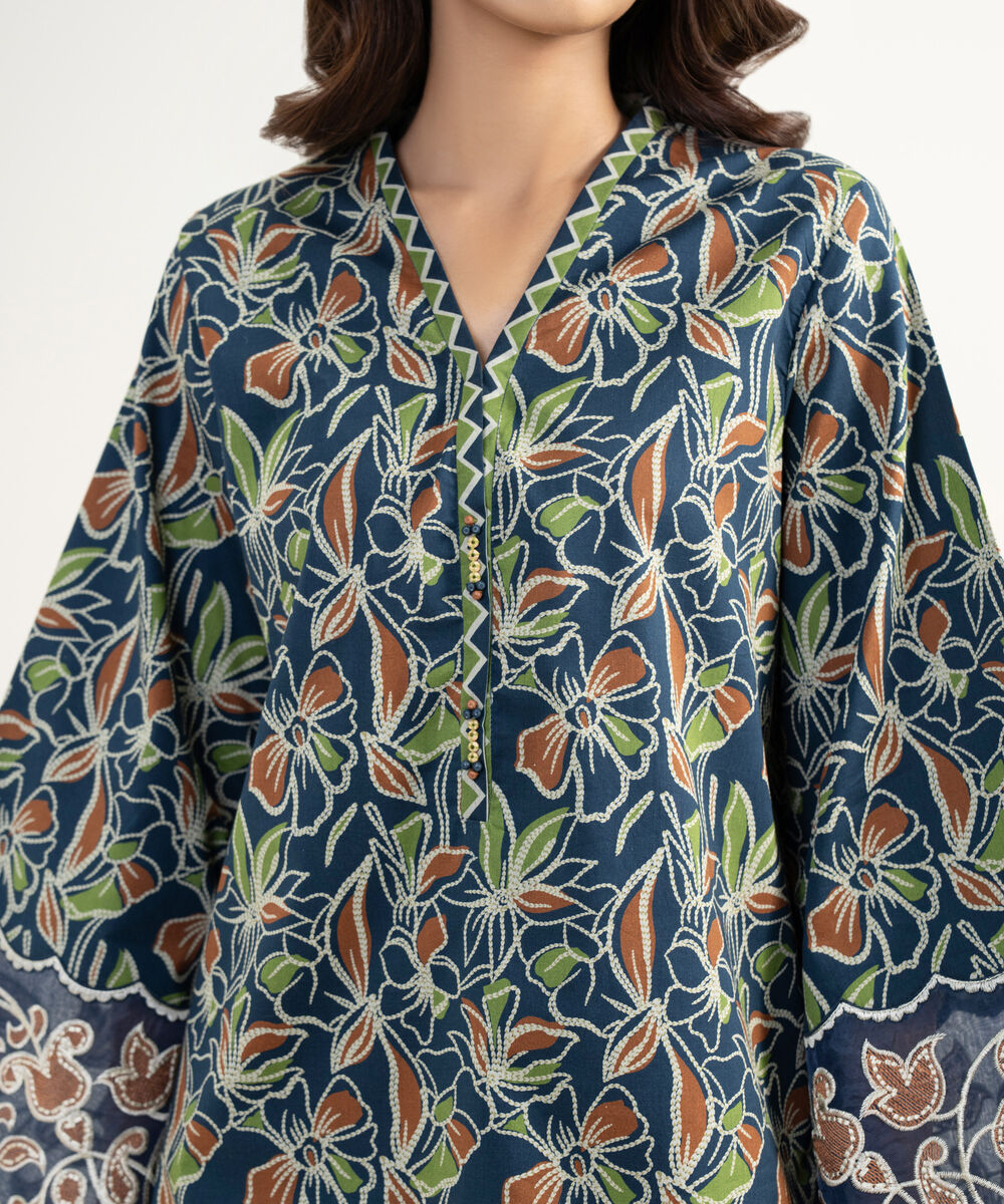 Women's Unstitched Lawn Embroidered Blue 2 Piece Suit