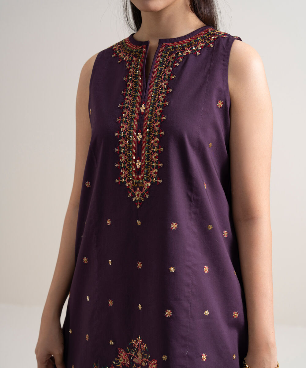 Women's Unstitched Fine Cotton Satin Embroidered Purple