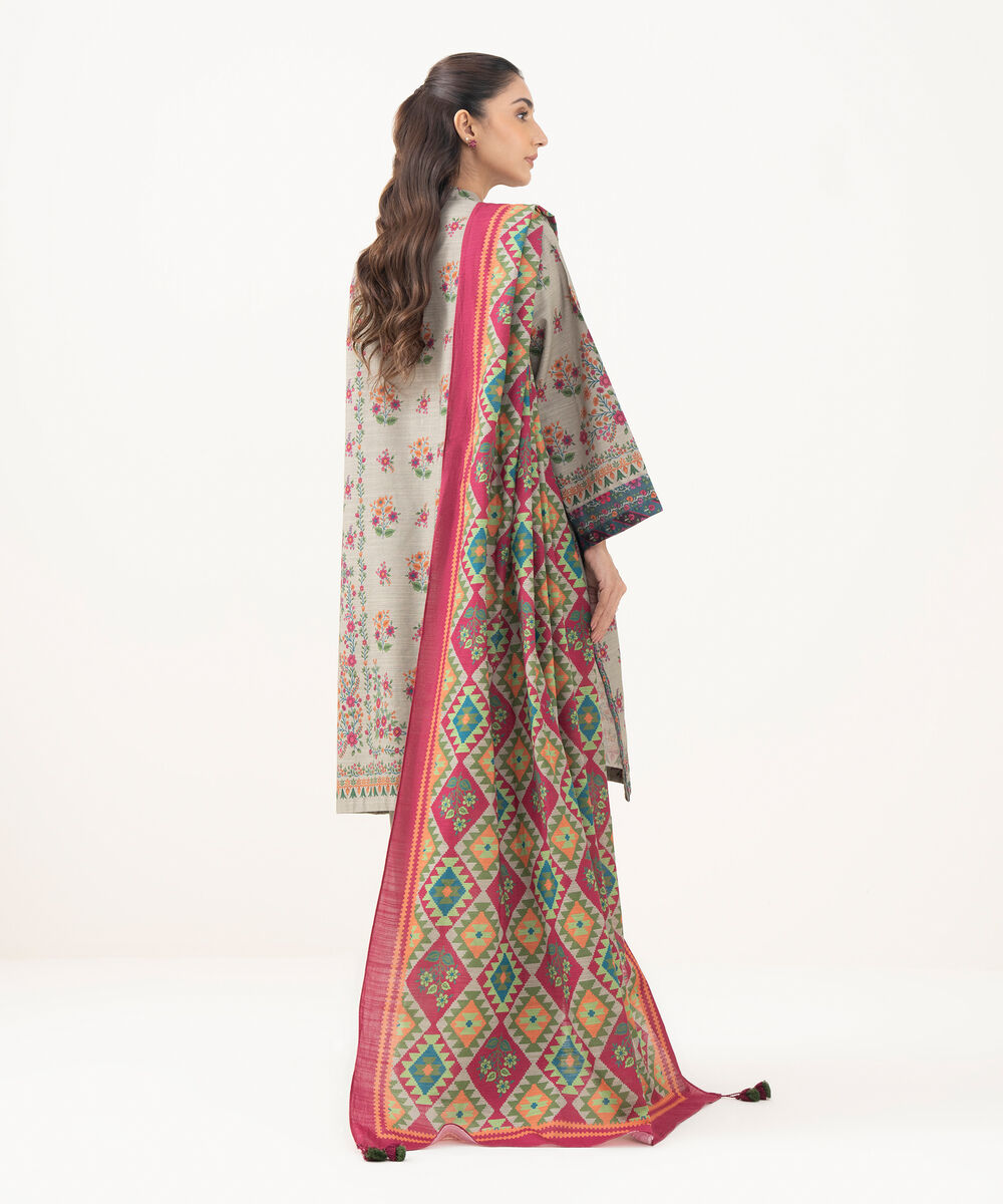 Women's Unstitched Khaddar Printed Beige   3 Piece Suit