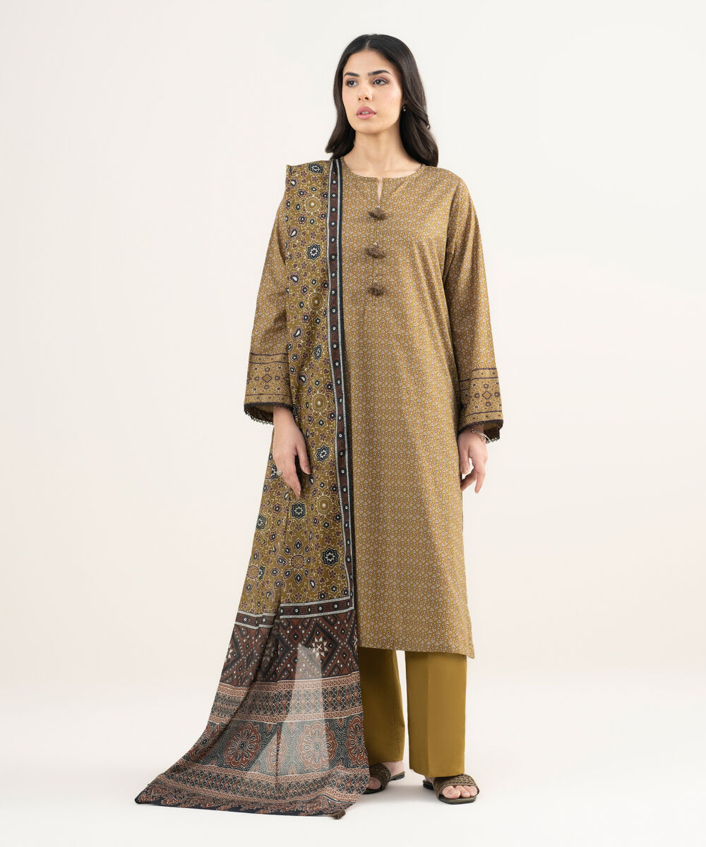 Women's RTW Lawn Printed Mustard Brown 3 Piece Suit