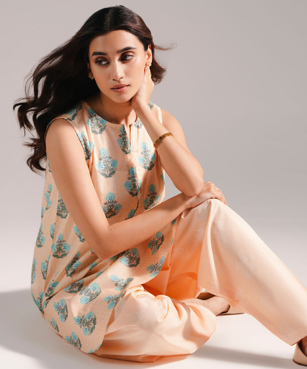 Women's RTW Lawn Printed Peach Straight Shirt