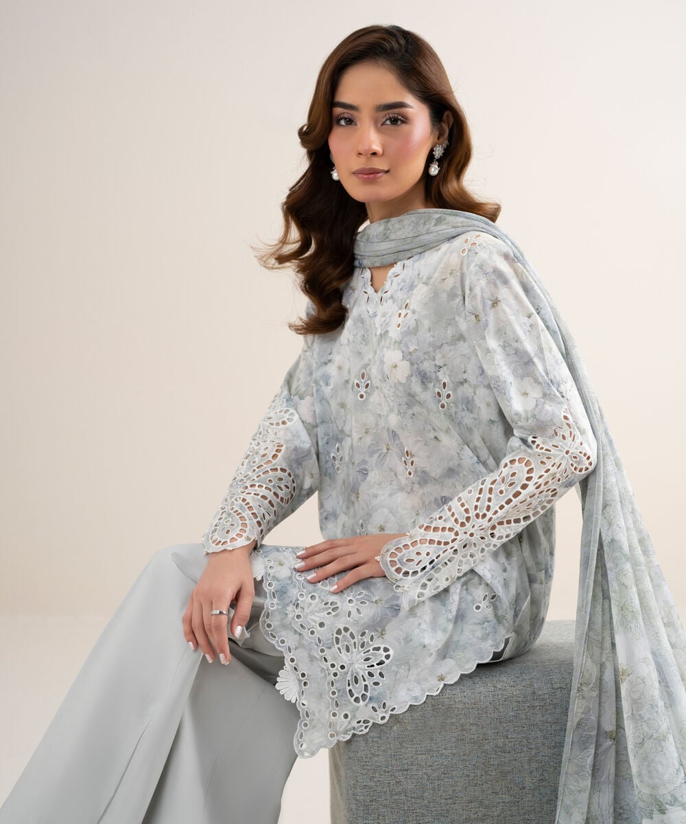 Women's Unstitched Lawn Embroidered Grey 3 Piece Suit