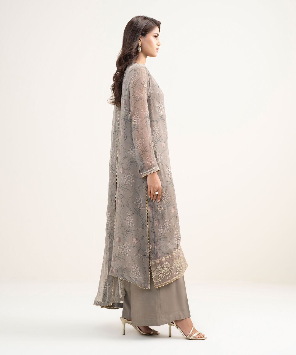 Women's RTW Blended Chiffon Embroidered Dark Beige 3 Piece Suit