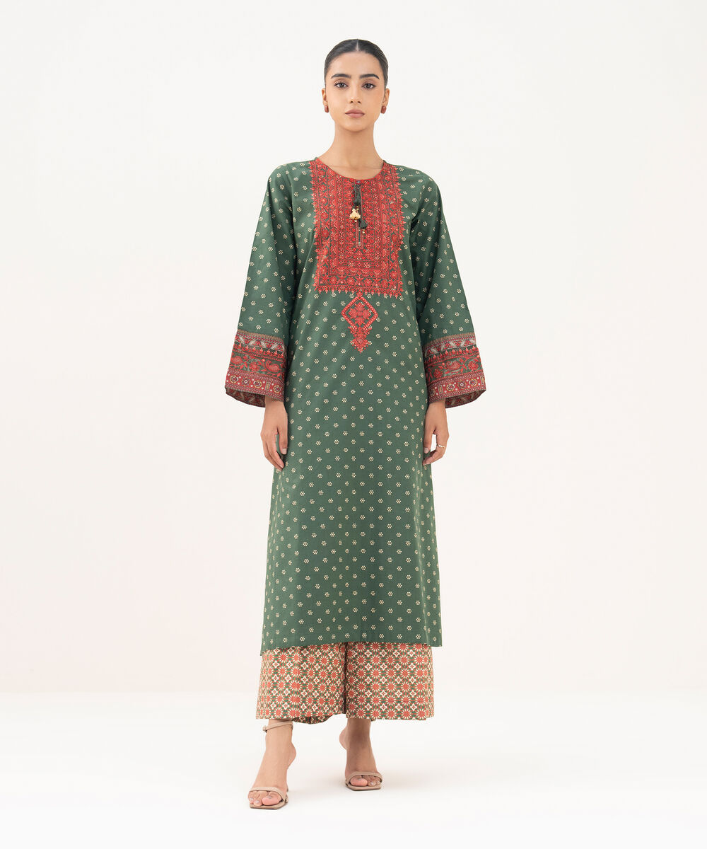 Women's RTW Cambric Green Embroidered A-Line Shirt