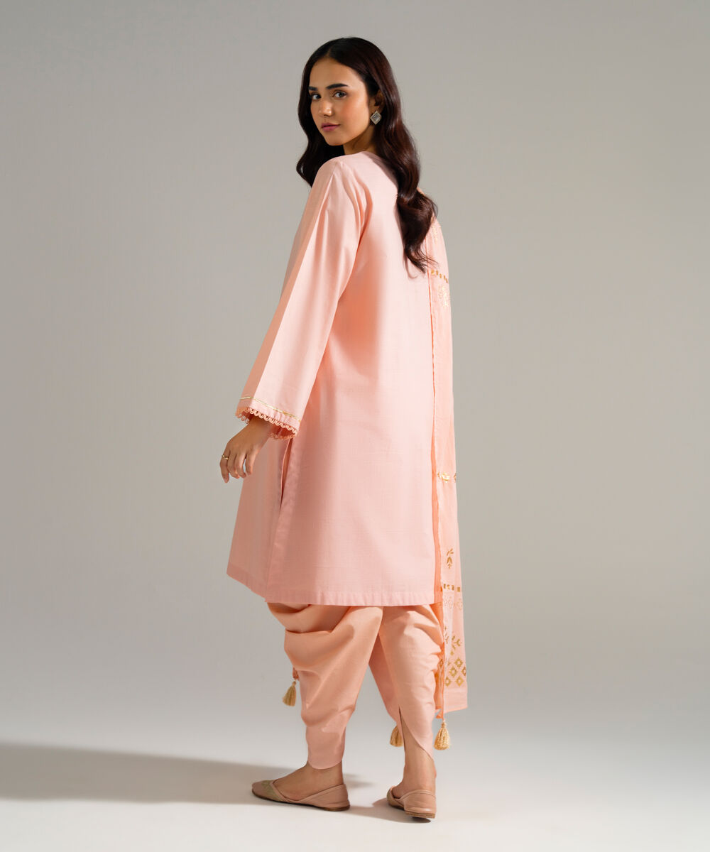 Women's RTW Slub Lawn Solid Peach 3 Piece Suit